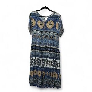 Vintage 90s Cottagecore Rayon Babydoll Midi House Dress Small Boho Button Front